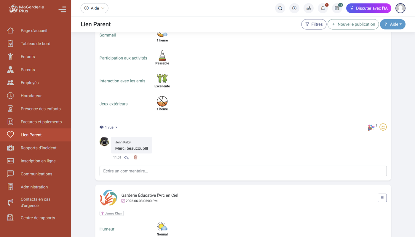 Les commentaires dans le module Lien Parent