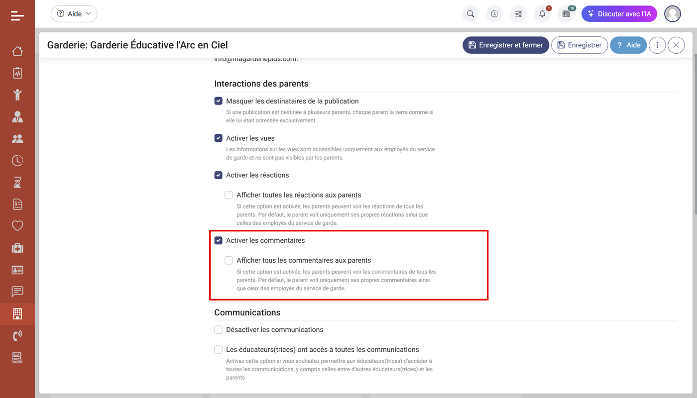 Les commentaires dans le module Lien Parent
