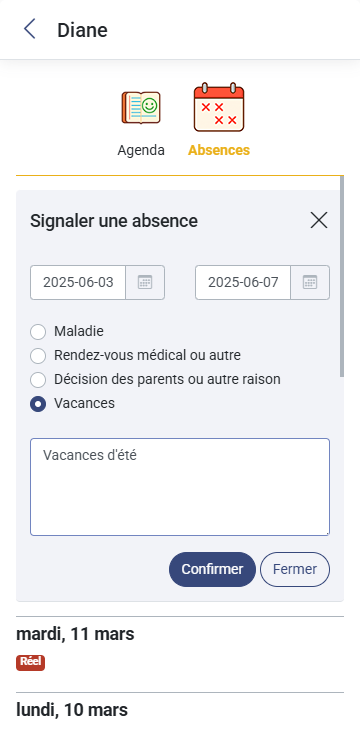 MaGarderie Plus Presence des enfants Absences anticipees