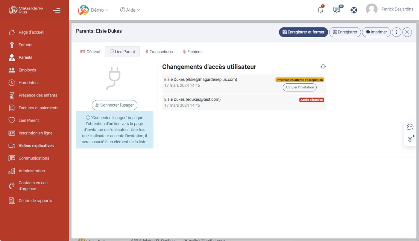 MaGarderie Plus Gestion des fiches de parents