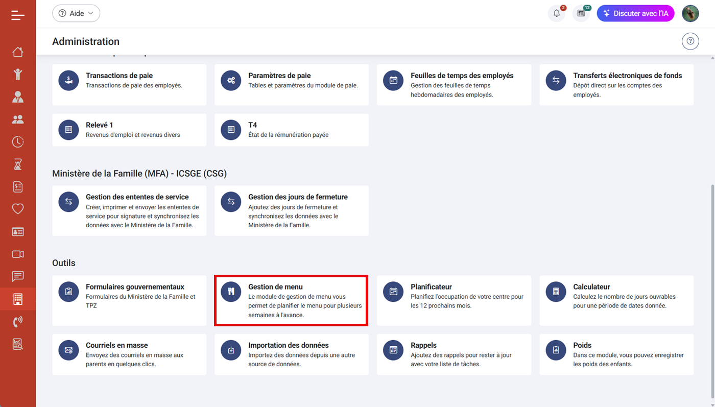 Gestion de menu