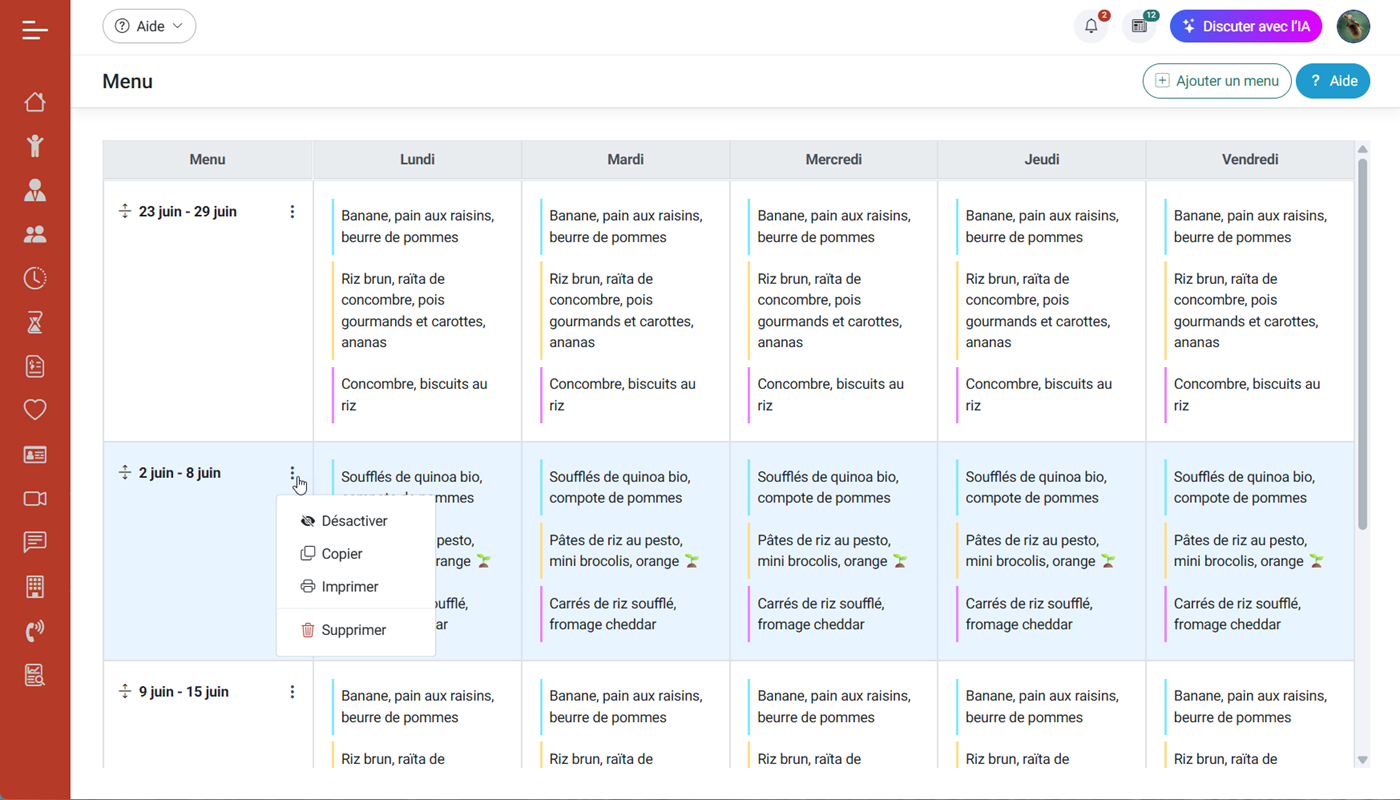 Gestion de menu