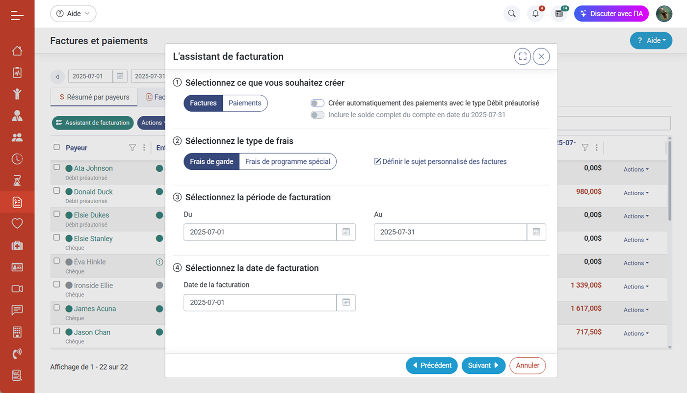 Resume par payeurs et assistant de facturation