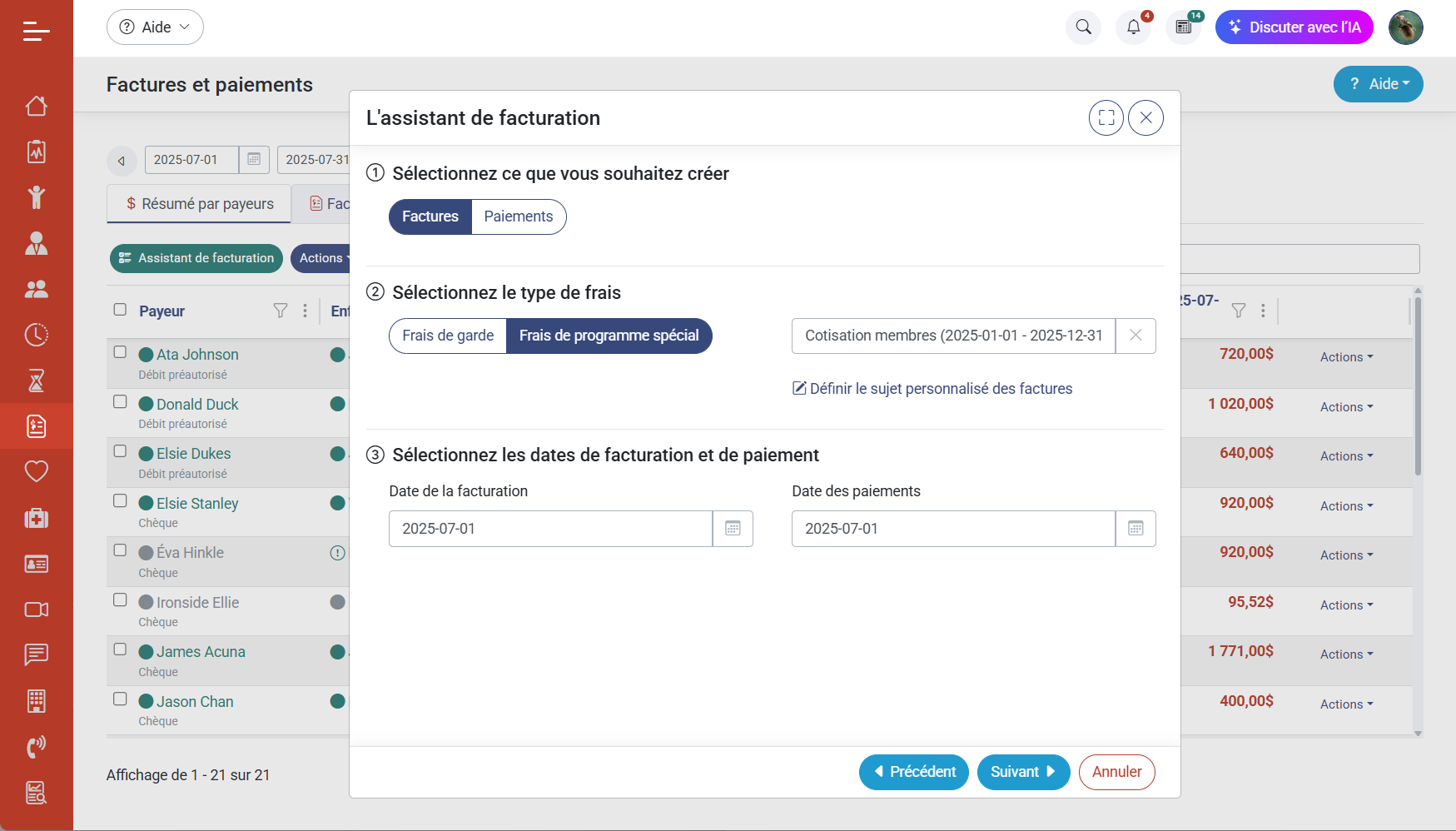 Resume par payeurs et assistant de facturation