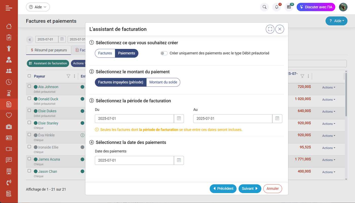 Resume par payeurs et assistant de facturation