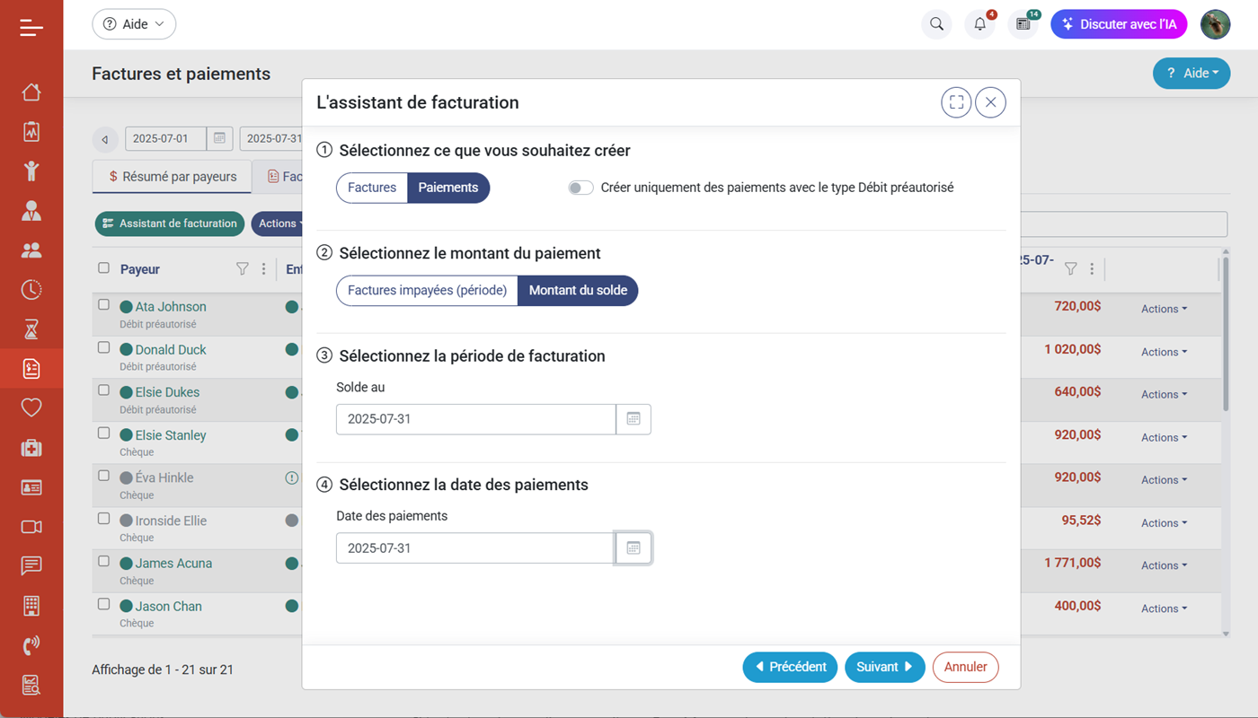 Resume par payeurs et assistant de facturation